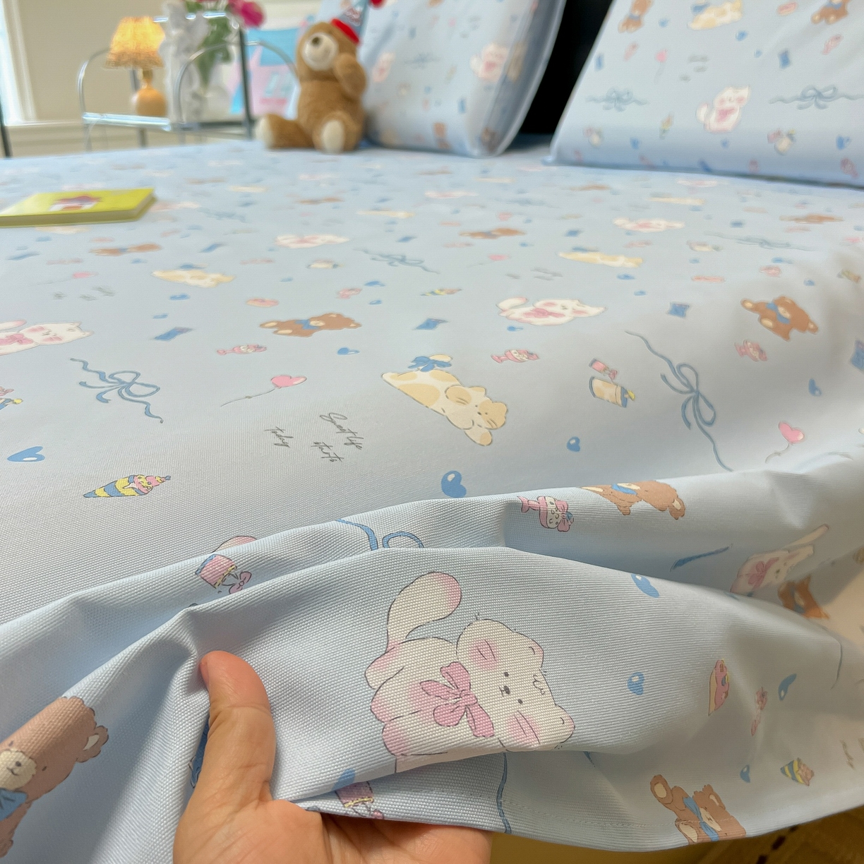 91家纺网 家纺一手货源 找家纺 韩巢家纺 2026新款老粗布床单凉席席子床单单件 小猫时光蓝【老粗布】