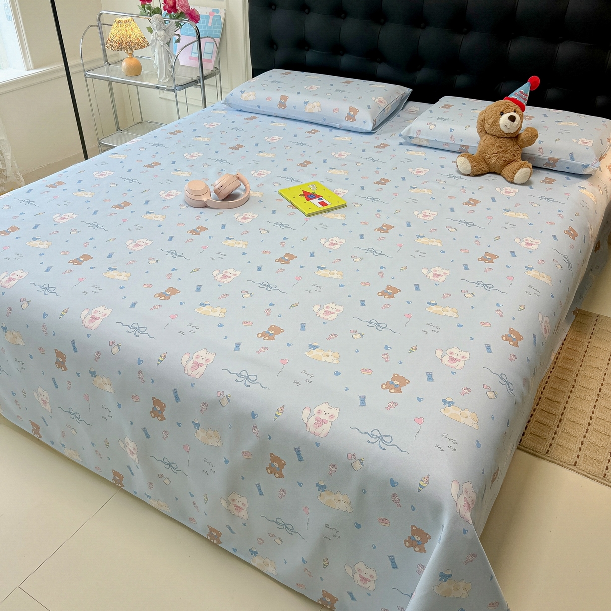 91家纺网 家纺一手货源 找家纺 韩巢家纺 2026新款老粗布床单凉席席子床单单件 小猫时光蓝【老粗布】