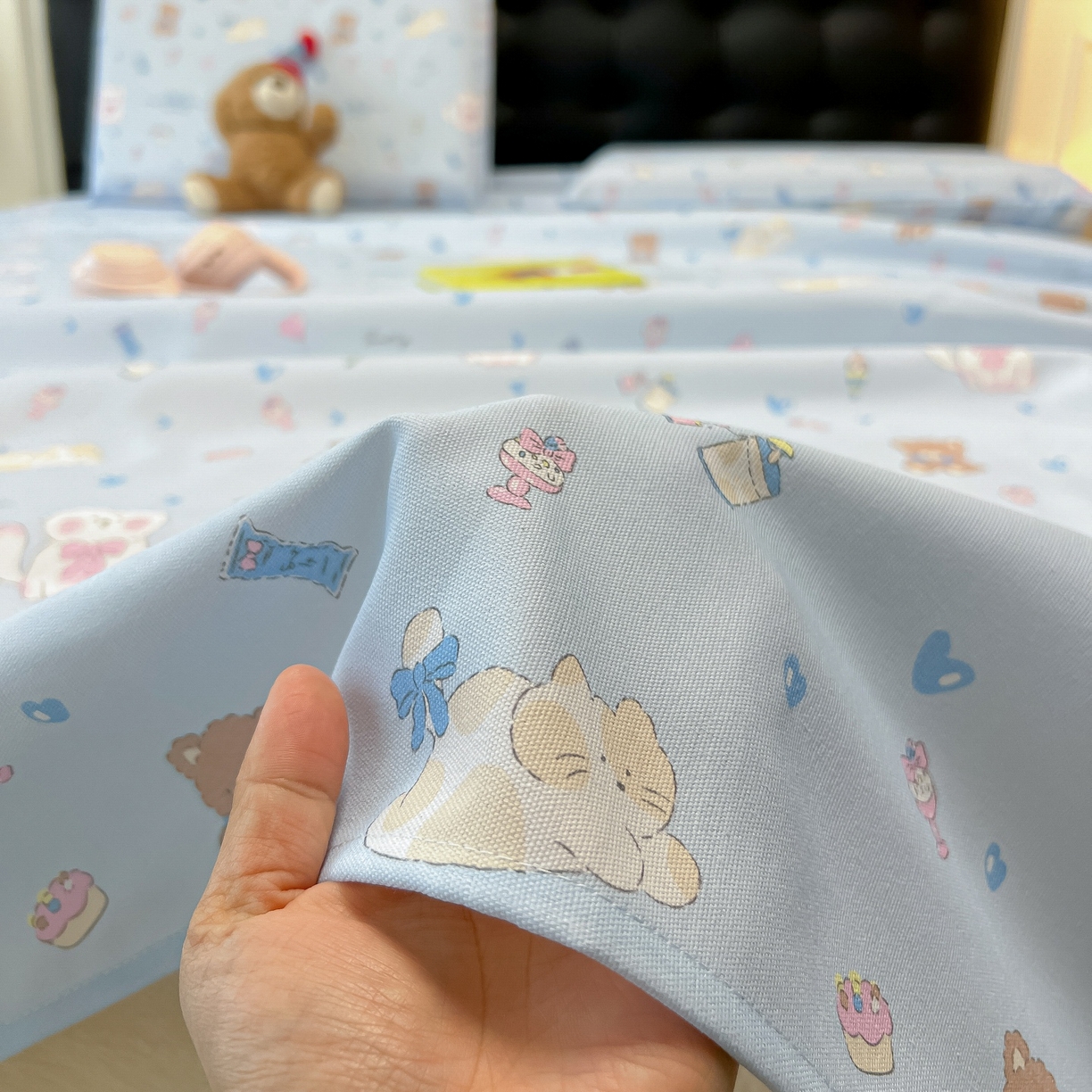 91家纺网 家纺一手货源 找家纺 韩巢家纺 2026新款老粗布床单凉席席子床单单件 小猫时光蓝【老粗布】