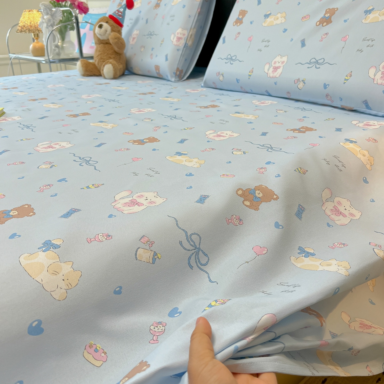 91家纺网 家纺一手货源 找家纺 韩巢家纺 2026新款老粗布床单凉席席子床单单件 小猫时光蓝【老粗布】