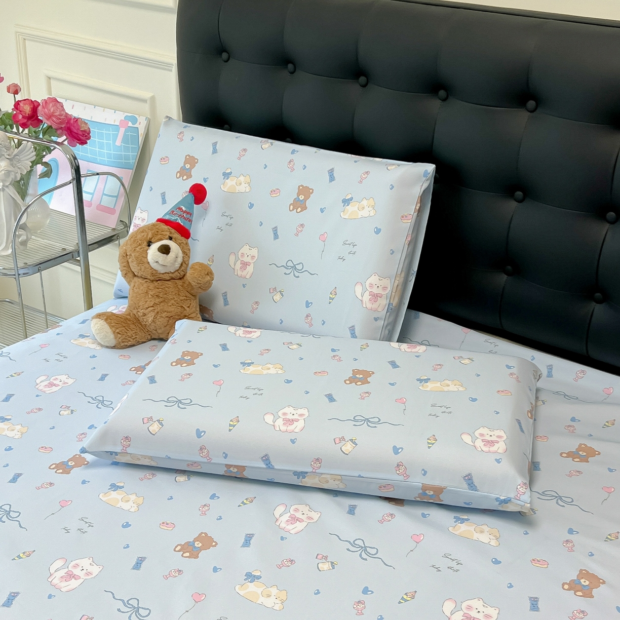 91家纺网 家纺一手货源 找家纺 韩巢家纺 2026新款老粗布床单凉席席子床单单件 小猫时光蓝【老粗布】