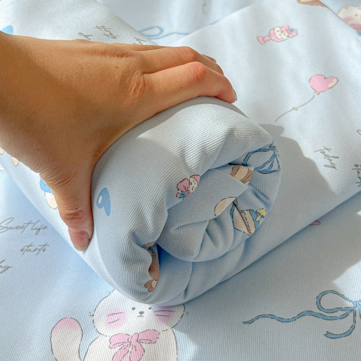 91家纺网 家纺一手货源 找家纺 韩巢家纺 2026新款老粗布床单凉席席子床单单件 小猫时光蓝【老粗布】