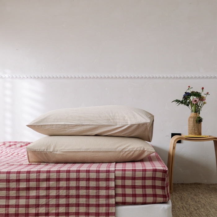 91家纺网 家纺一手货源 找家纺 棉眠 2026新款调色盘水洗棉混搭单品系列-格子单床单 红格