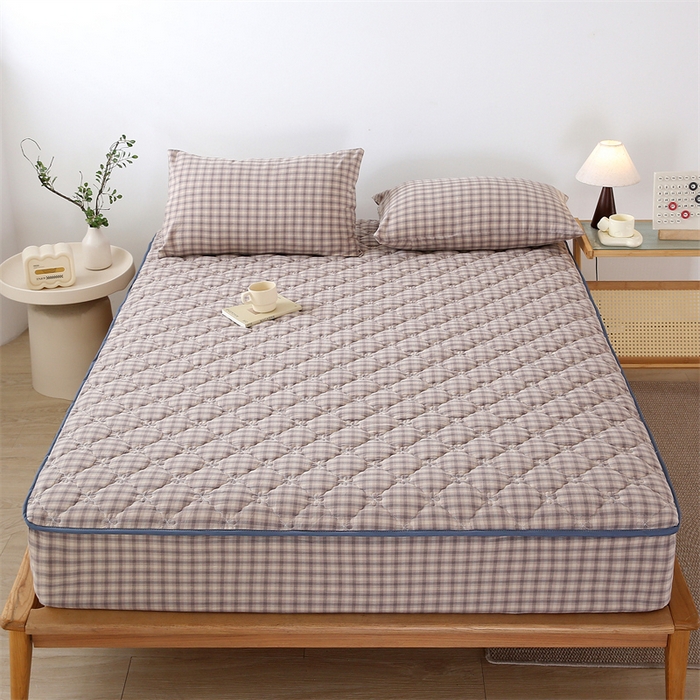 乐逸家纺 2026新款日式100%全棉色织水洗棉夹棉床笠 日式全棉床笠灰格