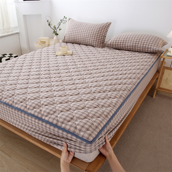 91家纺网 家纺一手货源 找家纺 乐逸家纺 2026新款日式100%全棉色织水洗棉夹棉床笠 日式全棉床笠灰格