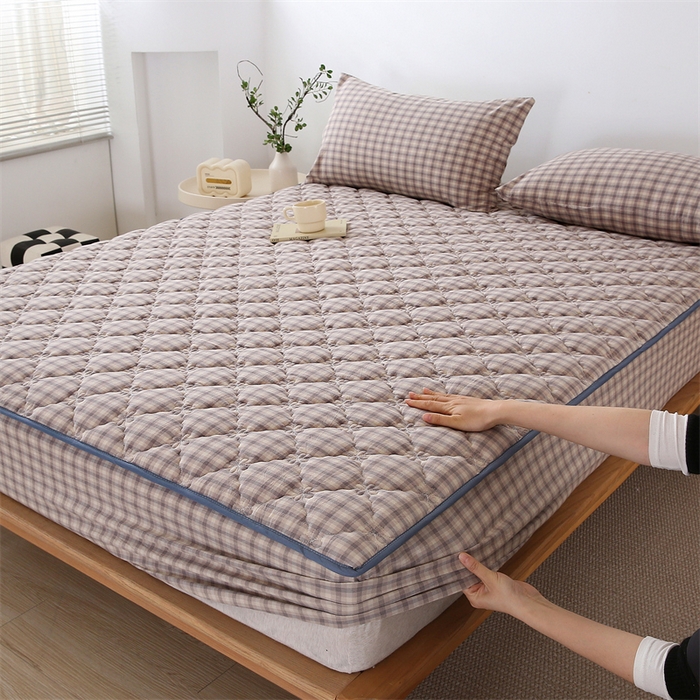 91家纺网 家纺一手货源 找家纺 乐逸家纺 2026新款日式100%全棉色织水洗棉夹棉床笠 日式全棉床笠灰格