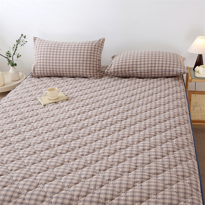 91家纺网 家纺一手货源 找家纺 乐逸家纺 2026新款日式100%全棉色织水洗棉夹棉床笠 日式全棉床笠灰格