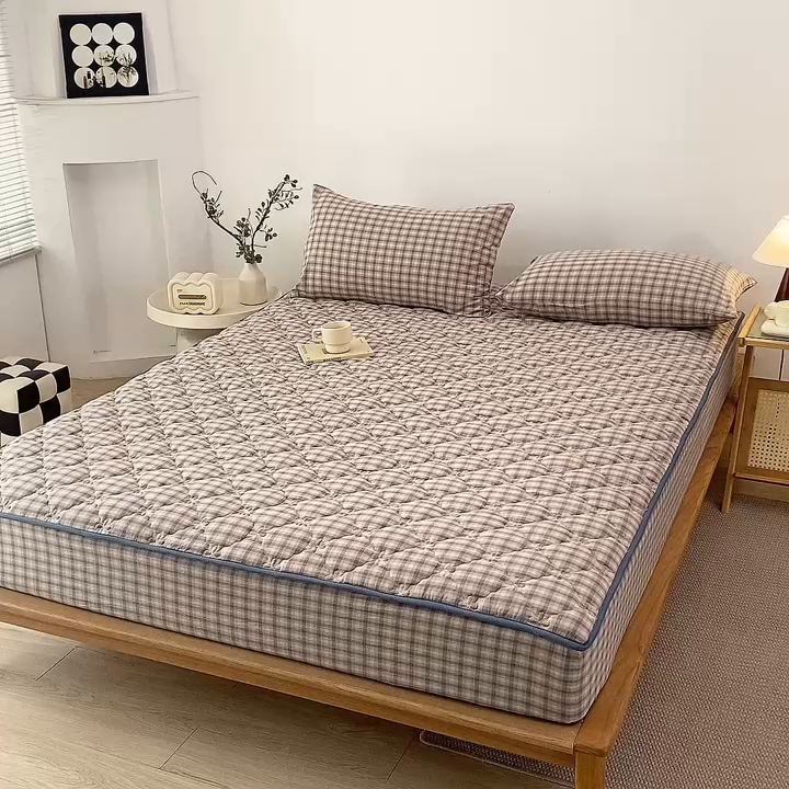 91家纺网 家纺一手货源 找家纺 乐逸家纺 2026新款日式100%全棉色织水洗棉夹棉床笠 日式全棉床笠灰格