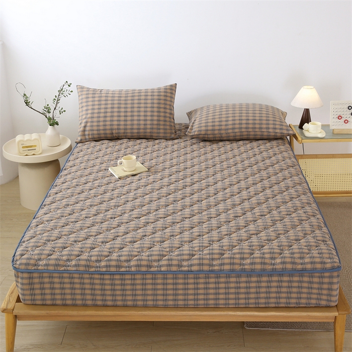 乐逸家纺 2026新款日式100%全棉色织水洗棉夹棉床笠 日式全棉床笠焦糖咖