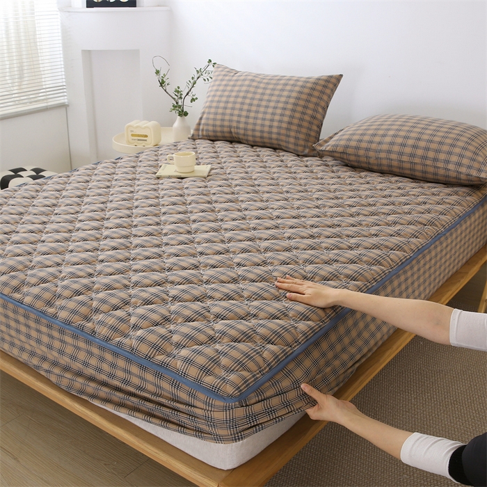 91家纺网 家纺一手货源 找家纺 乐逸家纺 2026新款日式100%全棉色织水洗棉夹棉床笠 日式全棉床笠焦糖咖