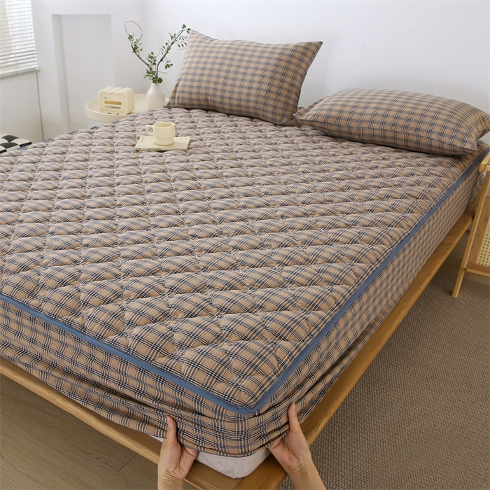 91家纺网 家纺一手货源 找家纺 乐逸家纺 2026新款日式100%全棉色织水洗棉夹棉床笠 日式全棉床笠焦糖咖