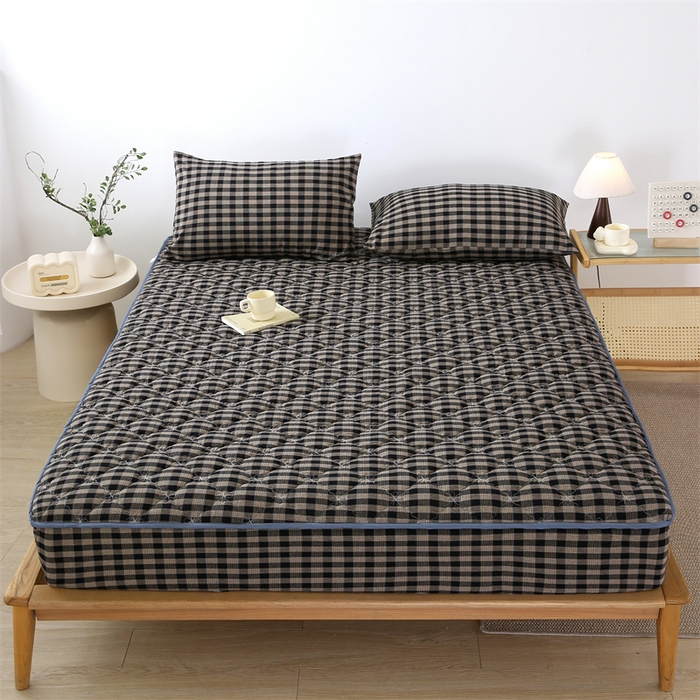 乐逸家纺 2026新款日式100%全棉色织水洗棉夹棉床笠 日式全棉床笠重楼黑