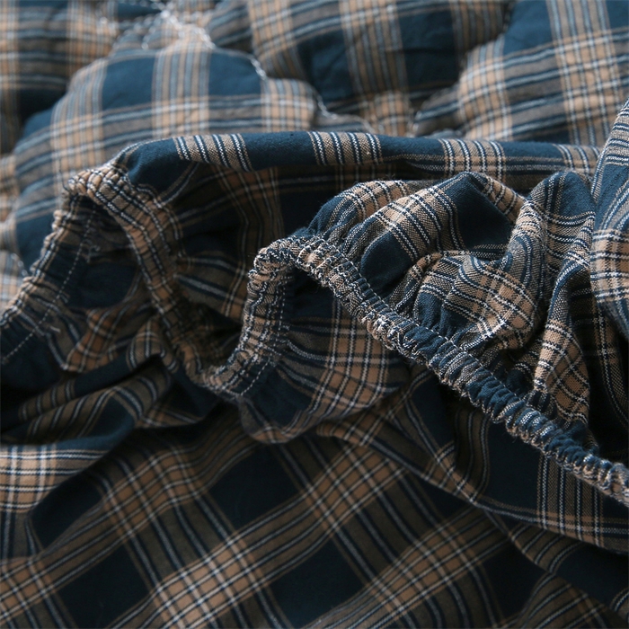 91家纺网 家纺一手货源 找家纺 乐逸家纺 2026新款日式100%全棉色织水洗棉夹棉床笠 日式全棉床笠重楼蓝