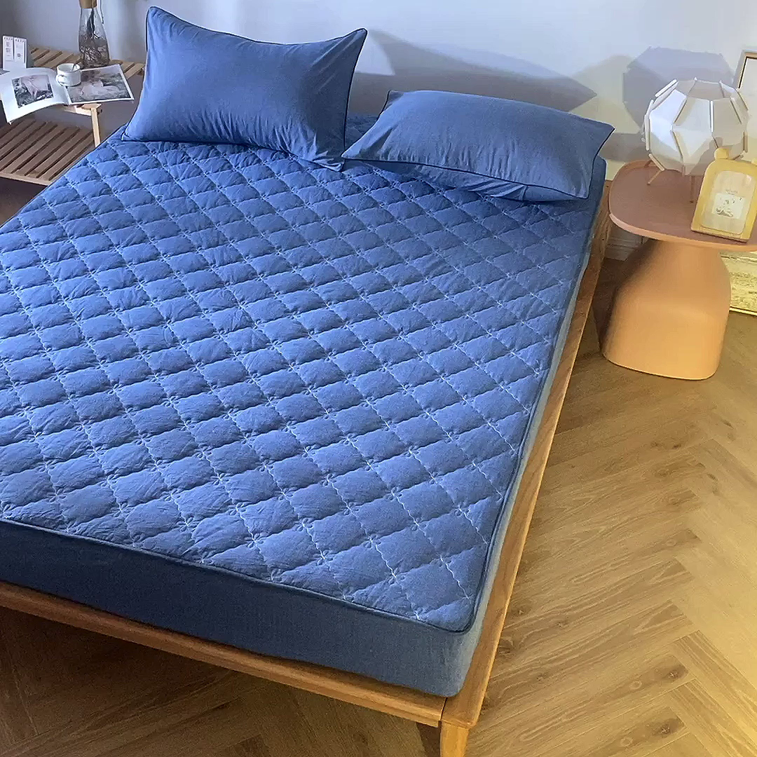 91家纺网 家纺一手货源 找家纺 乐逸家纺 2026新款日式100%全棉色织水洗棉夹棉床笠 日式水洗棉夹棉床笠-牛仔蓝