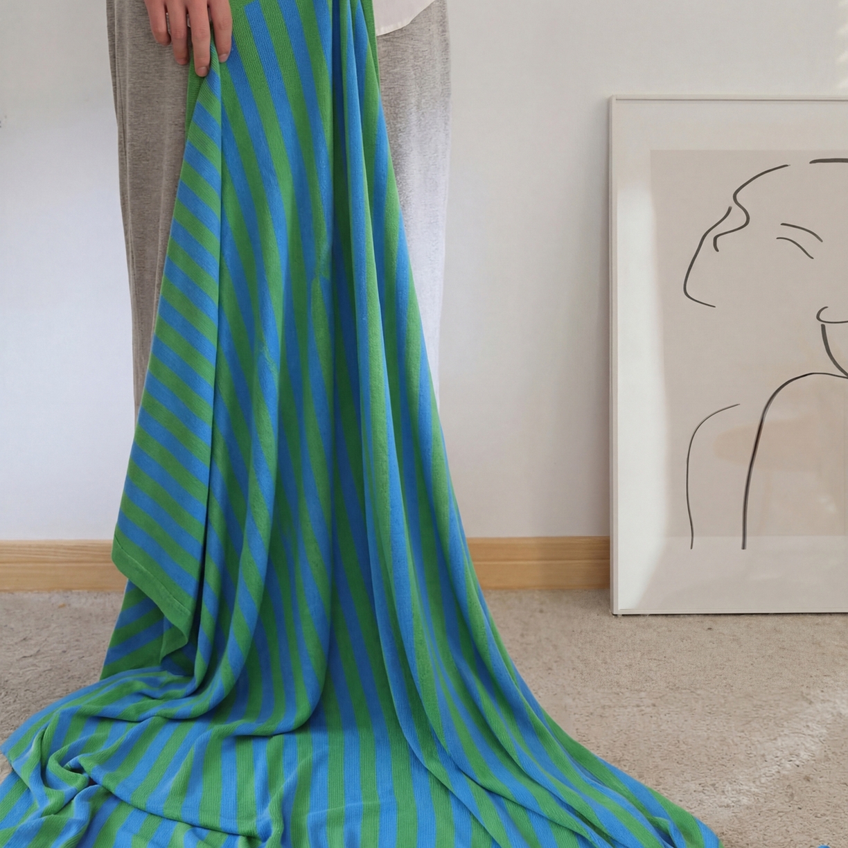 91家纺网 家纺一手货源 找家纺 暖绵绵家纺 2026新款丝光棉撞色条纹盖毯-海文（本款券后/折后零售价不得低于162元） 海文-蓝绿色