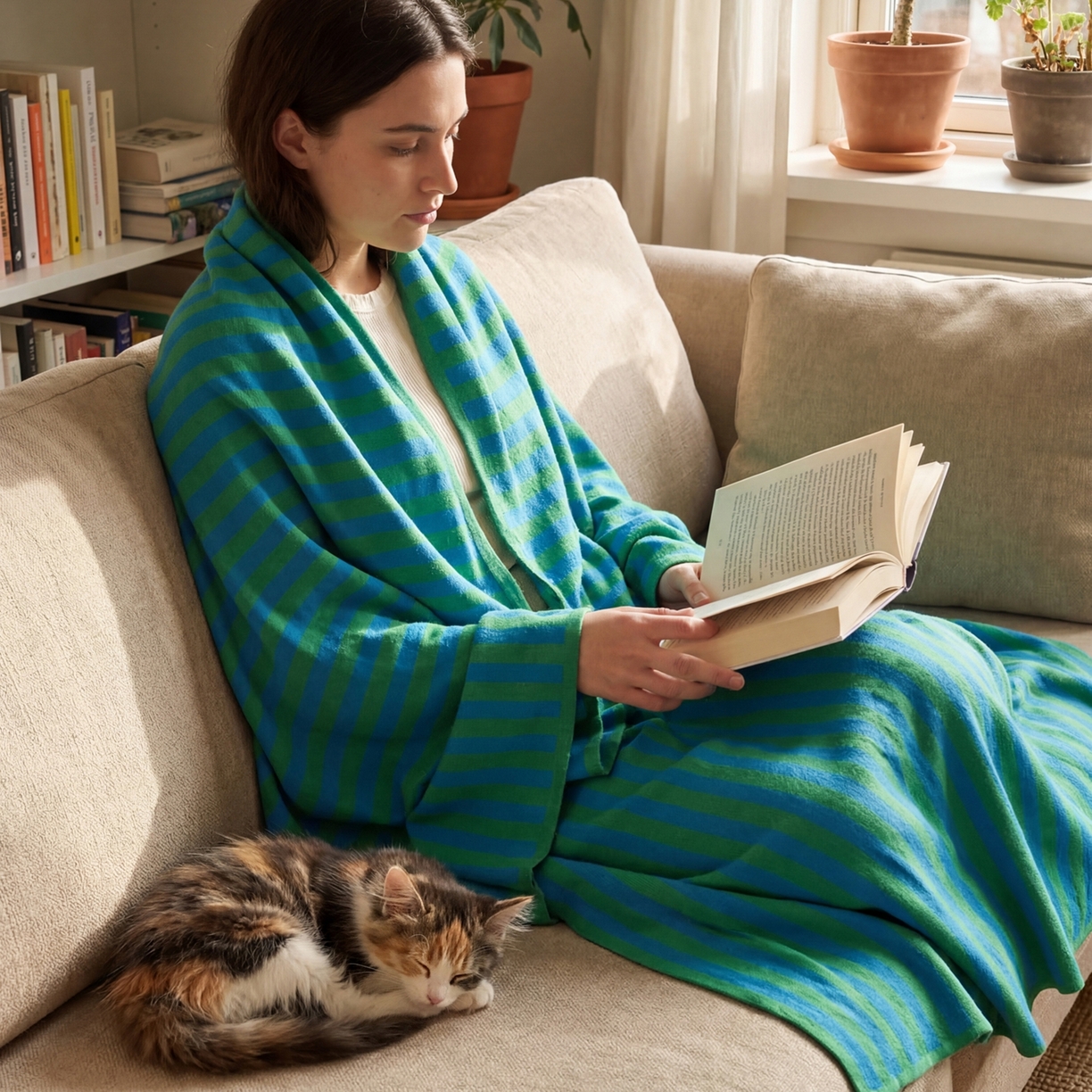 91家纺网 家纺一手货源 找家纺 暖绵绵家纺 2026新款丝光棉撞色条纹盖毯-海文（本款券后/折后零售价不得低于162元） 海文-蓝绿色