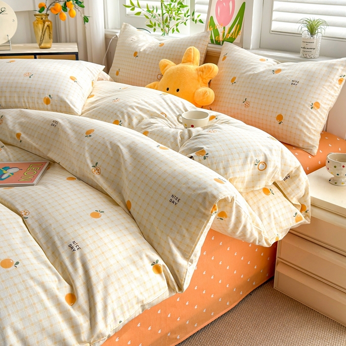 91家纺网 家纺一手货源 找家纺 黛妮雅 2026新款AB版全棉印花单被套床单枕套 送买家秀 橙意小格