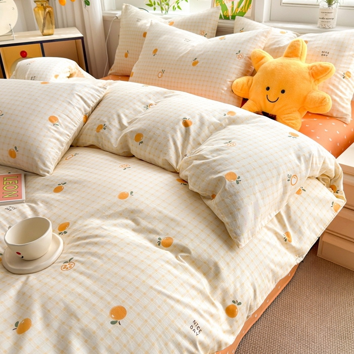 91家纺网 家纺一手货源 找家纺 黛妮雅 2026新款AB版全棉印花单被套床单枕套 送买家秀 橙意小格