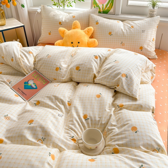 91家纺网 家纺一手货源 找家纺 黛妮雅 2026新款AB版全棉印花单被套床单枕套 送买家秀 橙意小格