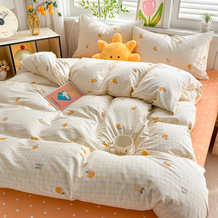 91家纺网 家纺一手货源 找家纺 黛妮雅 2026新款AB版全棉印花单被套床单枕套 送买家秀 橙意小格