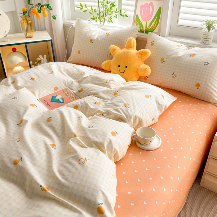 91家纺网 家纺一手货源 找家纺 黛妮雅 2026新款AB版全棉印花单被套床单枕套 送买家秀 橙意小格