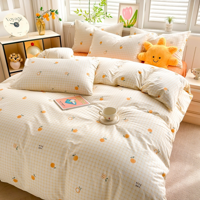 91家纺网 家纺一手货源 找家纺 黛妮雅 2026新款AB版全棉印花单被套床单枕套 送买家秀 橙意小格