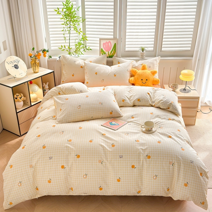 91家纺网 家纺一手货源 找家纺 黛妮雅 2026新款AB版全棉印花单被套床单枕套 送买家秀 橙意小格