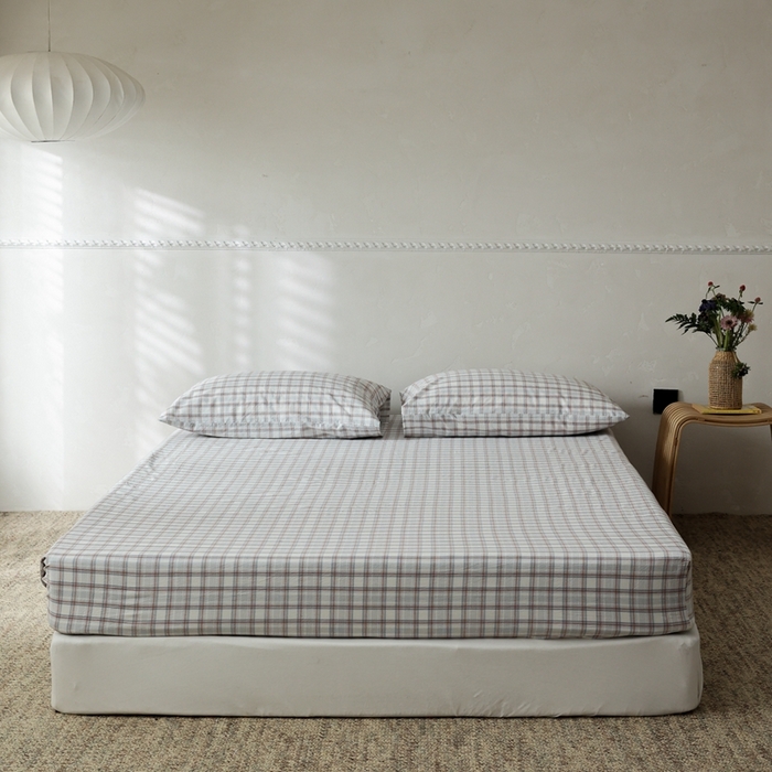 91家纺网 家纺一手货源 找家纺 棉眠 2026新款调色盘水洗棉混搭单品系列-格子单床笠 海盐格