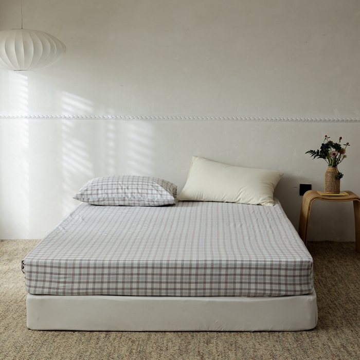 91家纺网 家纺一手货源 找家纺 棉眠 2026新款调色盘水洗棉混搭单品系列-格子单床笠 海盐格