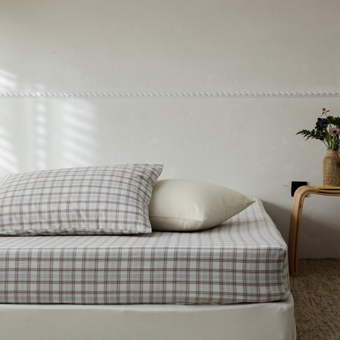 91家纺网 家纺一手货源 找家纺 棉眠 2026新款调色盘水洗棉混搭单品系列-格子单床笠 海盐格