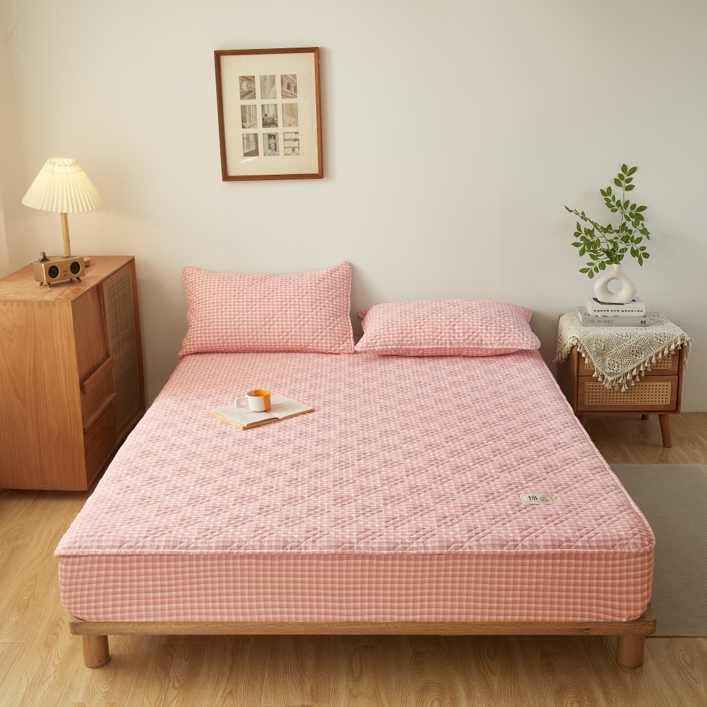 91家纺网 家纺一手货源 找家纺 缦彩 2026新款全棉纯棉水洗棉新疆棉花夹棉格子床笠单品床笠单件 织里-粉