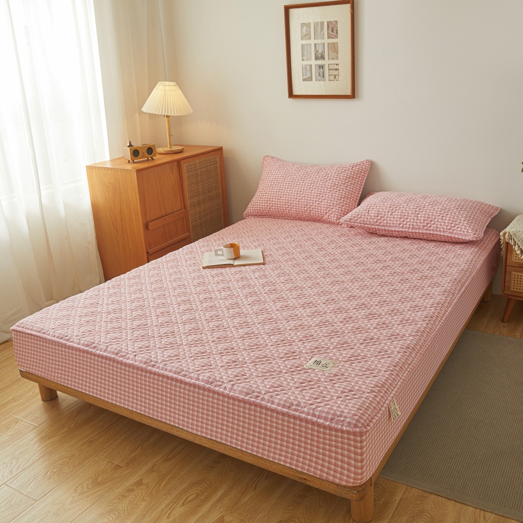 91家纺网 家纺一手货源 找家纺 缦彩 2026新款全棉纯棉水洗棉新疆棉花夹棉格子床笠单品床笠单件 织里-粉