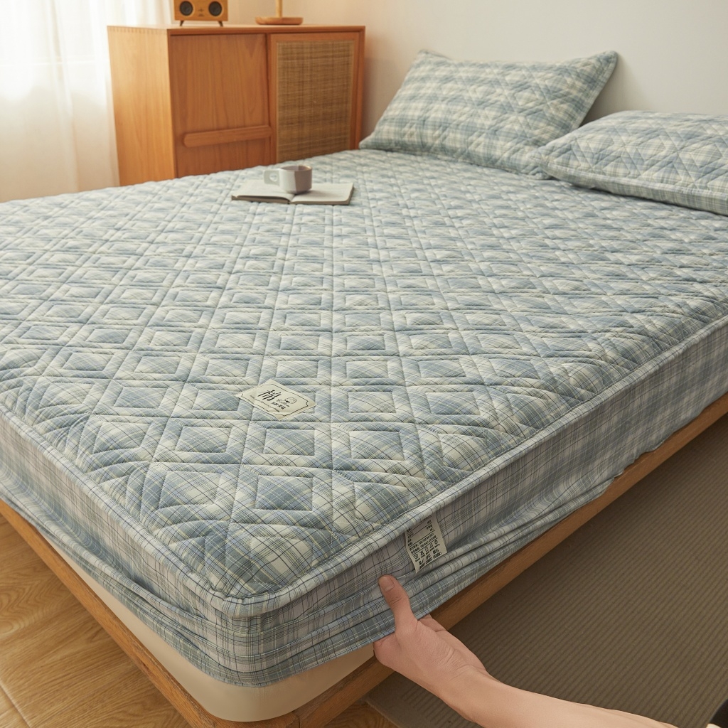 缦彩 2026新款全棉纯棉水洗棉新疆棉花夹棉格子床笠单品床笠单件 舒然-兰