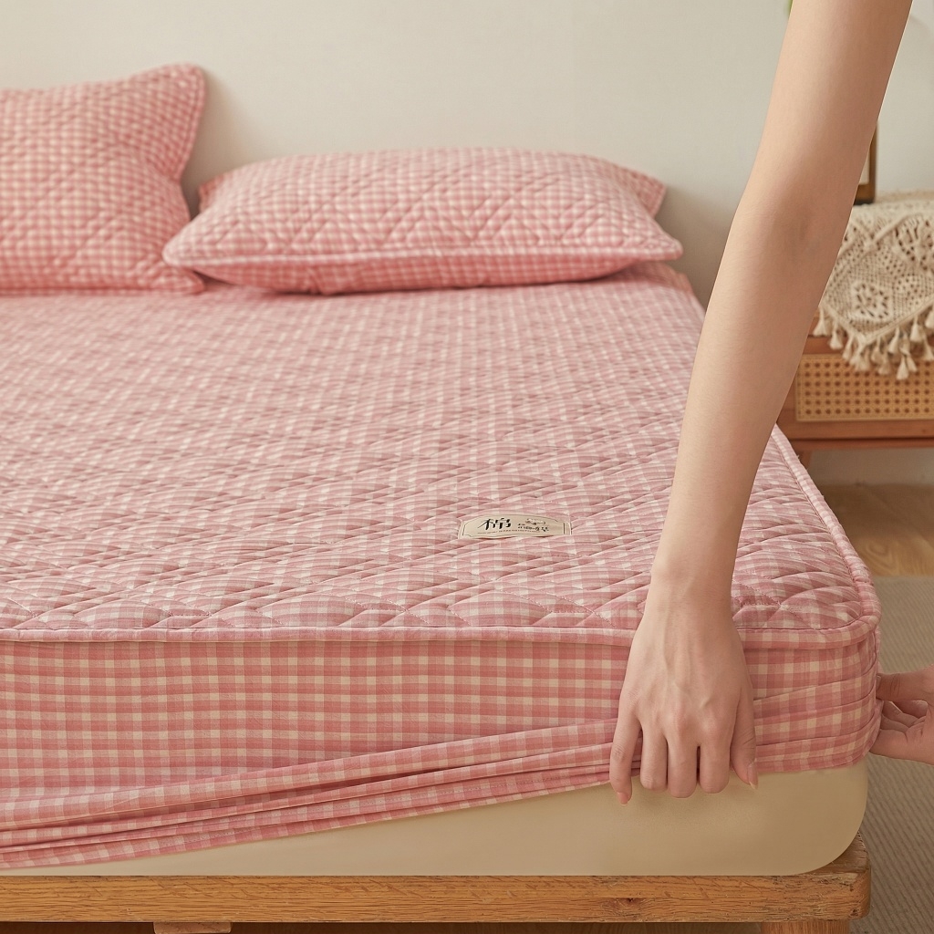 91家纺网 家纺一手货源 找家纺 缦彩 2026新款全棉纯棉水洗棉新疆棉花夹棉格子床笠单品床笠单件 织里-粉