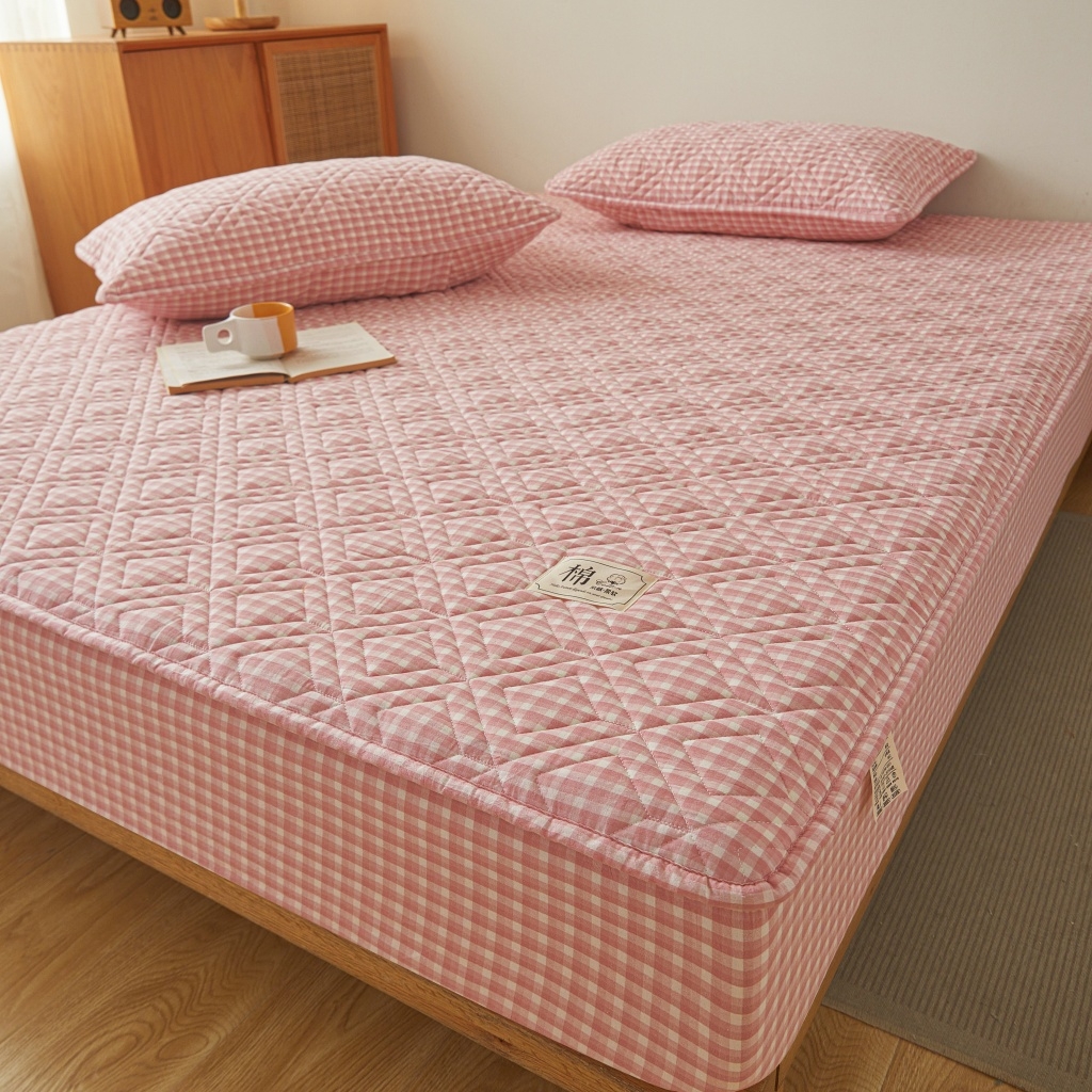 91家纺网 家纺一手货源 找家纺 缦彩 2026新款全棉纯棉水洗棉新疆棉花夹棉格子床笠单品床笠单件 织里-粉