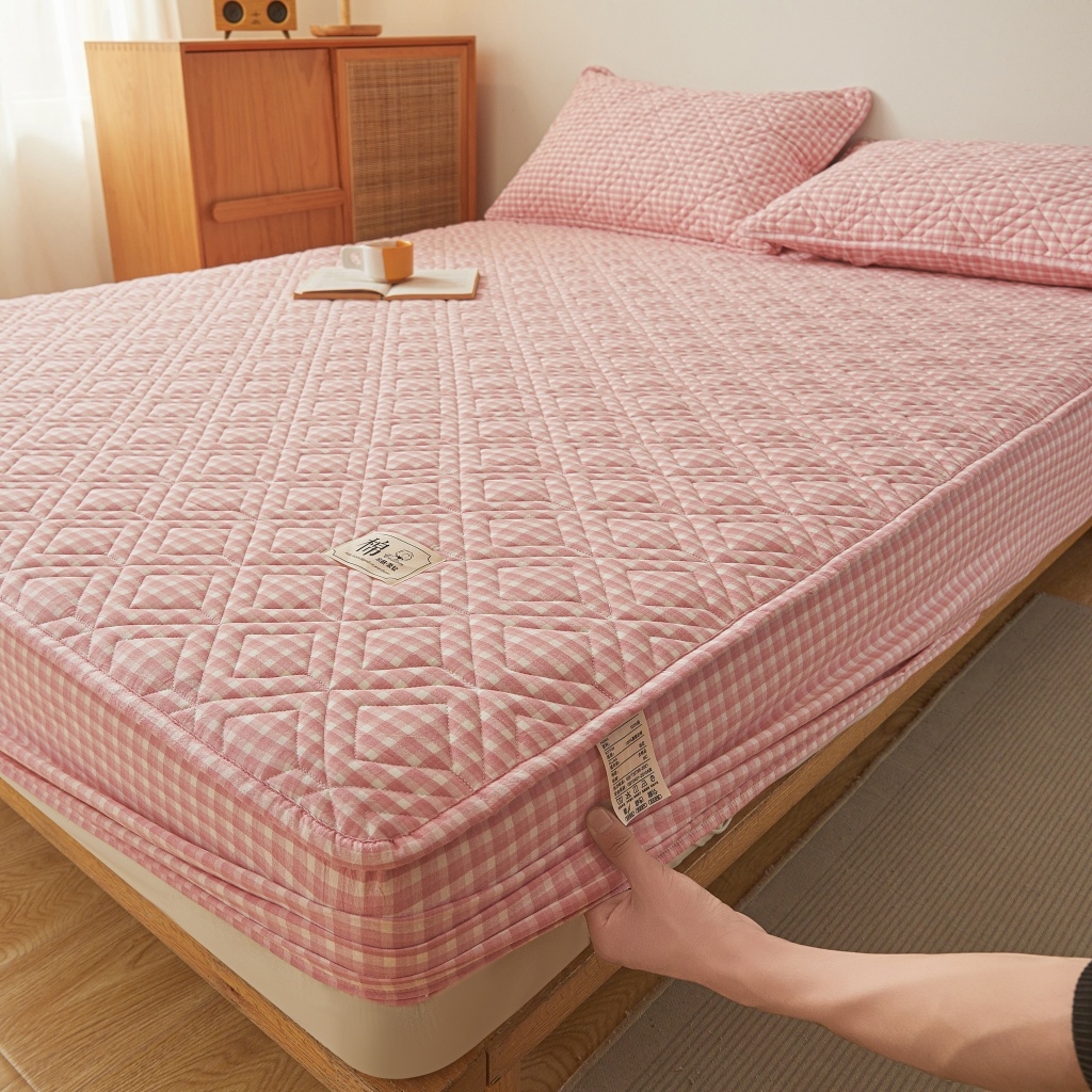 91家纺网 家纺一手货源 找家纺 缦彩 2026新款全棉纯棉水洗棉新疆棉花夹棉格子床笠单品床笠单件 织里-粉