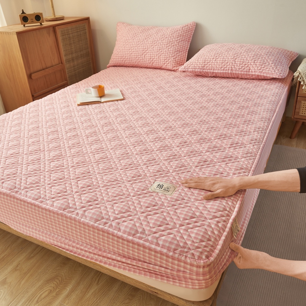 缦彩 2026新款全棉纯棉水洗棉新疆棉花夹棉格子床笠单品床笠单件 织里-粉
