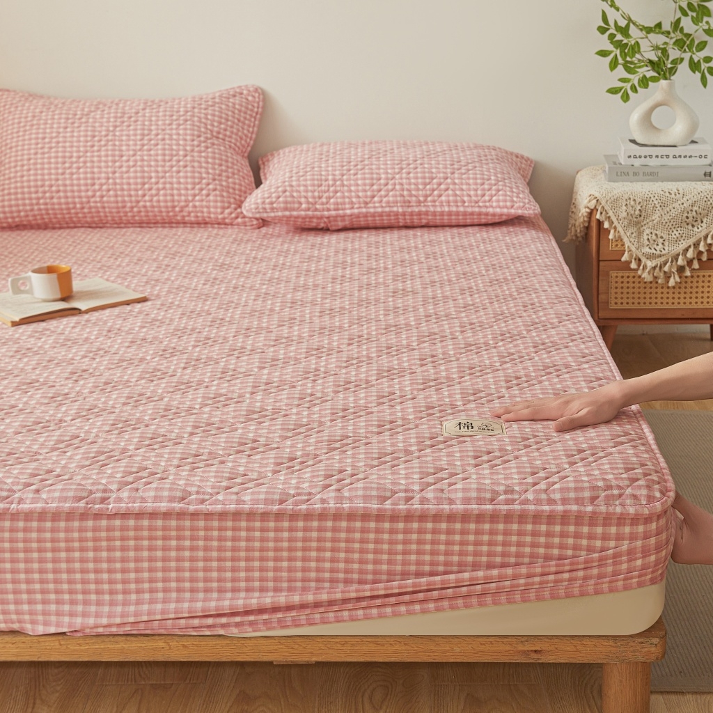 91家纺网 家纺一手货源 找家纺 缦彩 2026新款全棉纯棉水洗棉新疆棉花夹棉格子床笠单品床笠单件 织里-粉