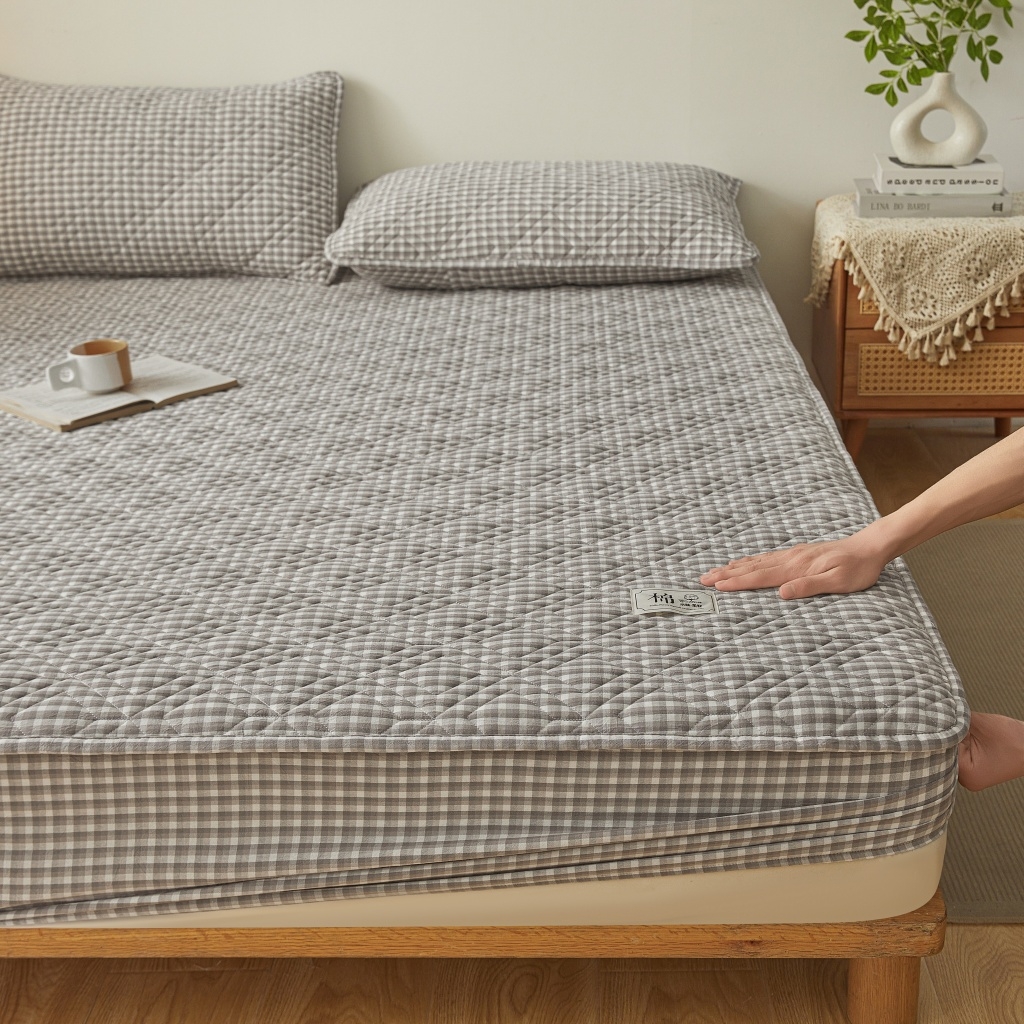 91家纺网 家纺一手货源 找家纺 缦彩 2026新款全棉纯棉水洗棉新疆棉花夹棉格子床笠单品床笠单件 织里-灰