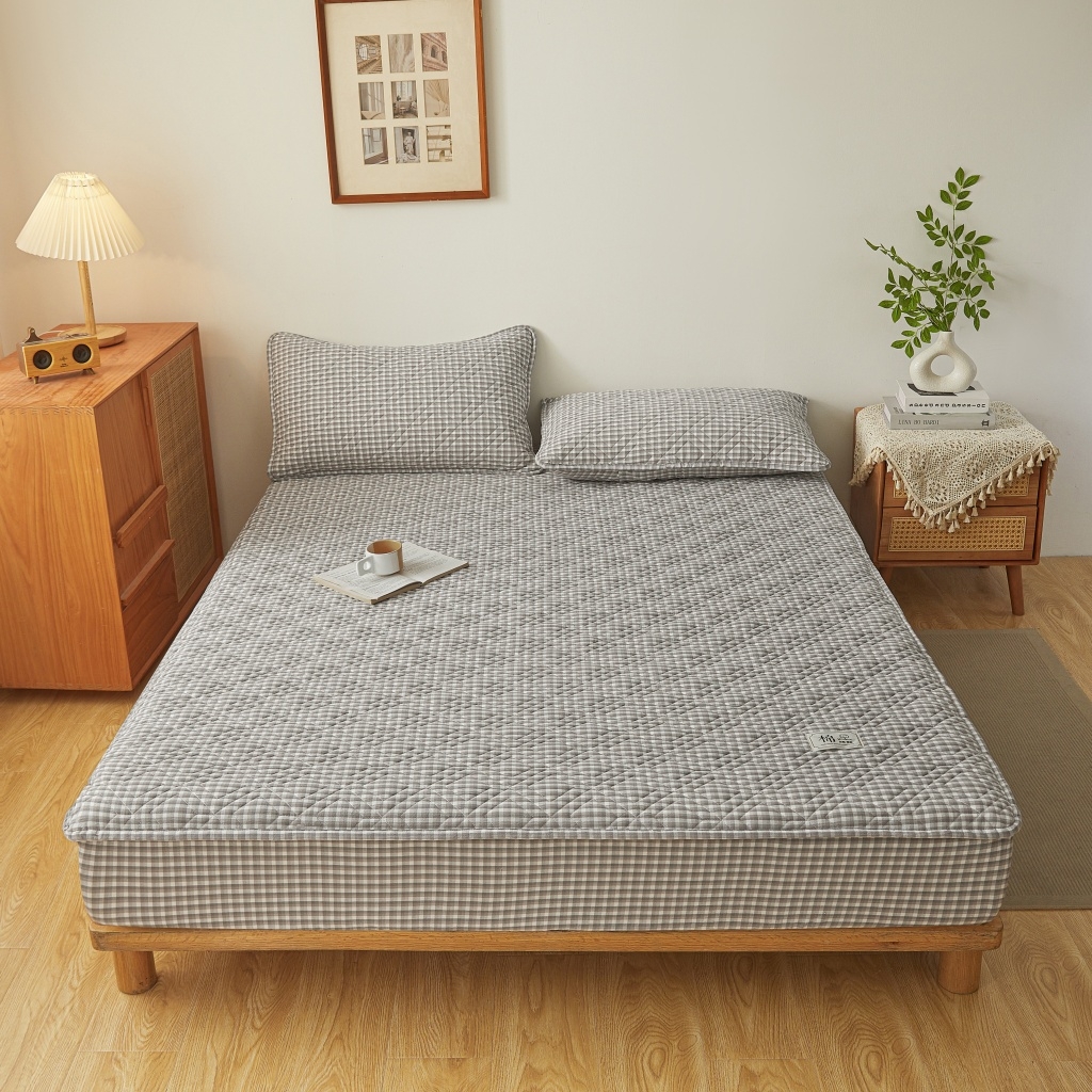 91家纺网 家纺一手货源 找家纺 缦彩 2026新款全棉纯棉水洗棉新疆棉花夹棉格子床笠单品床笠单件 织里-灰