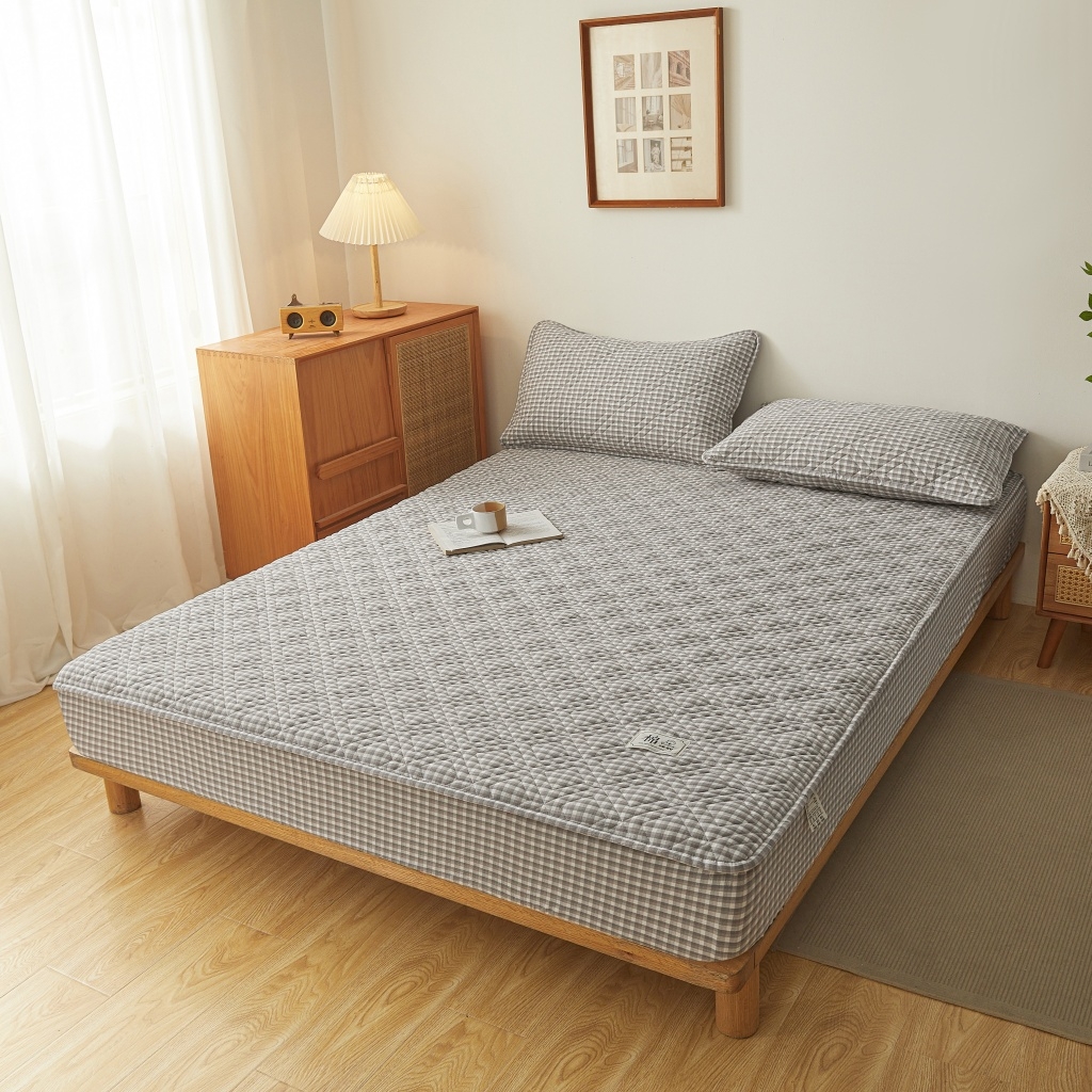 91家纺网 家纺一手货源 找家纺 缦彩 2026新款全棉纯棉水洗棉新疆棉花夹棉格子床笠单品床笠单件 织里-灰