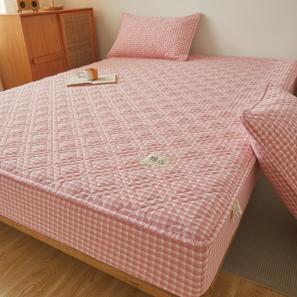 91家纺网 家纺一手货源 找家纺 缦彩 2026新款全棉纯棉水洗棉新疆棉花夹棉格子床笠单品床笠单件 织里-粉
