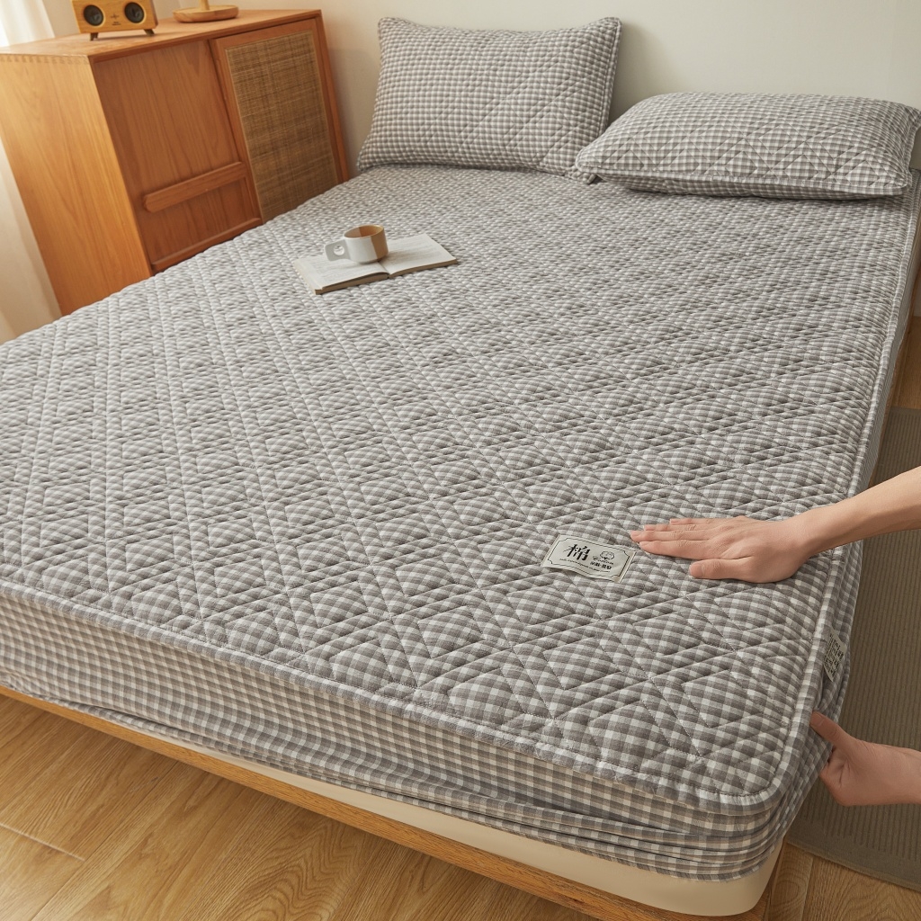 缦彩 2026新款全棉纯棉水洗棉新疆棉花夹棉格子床笠单品床笠单件 织里-灰