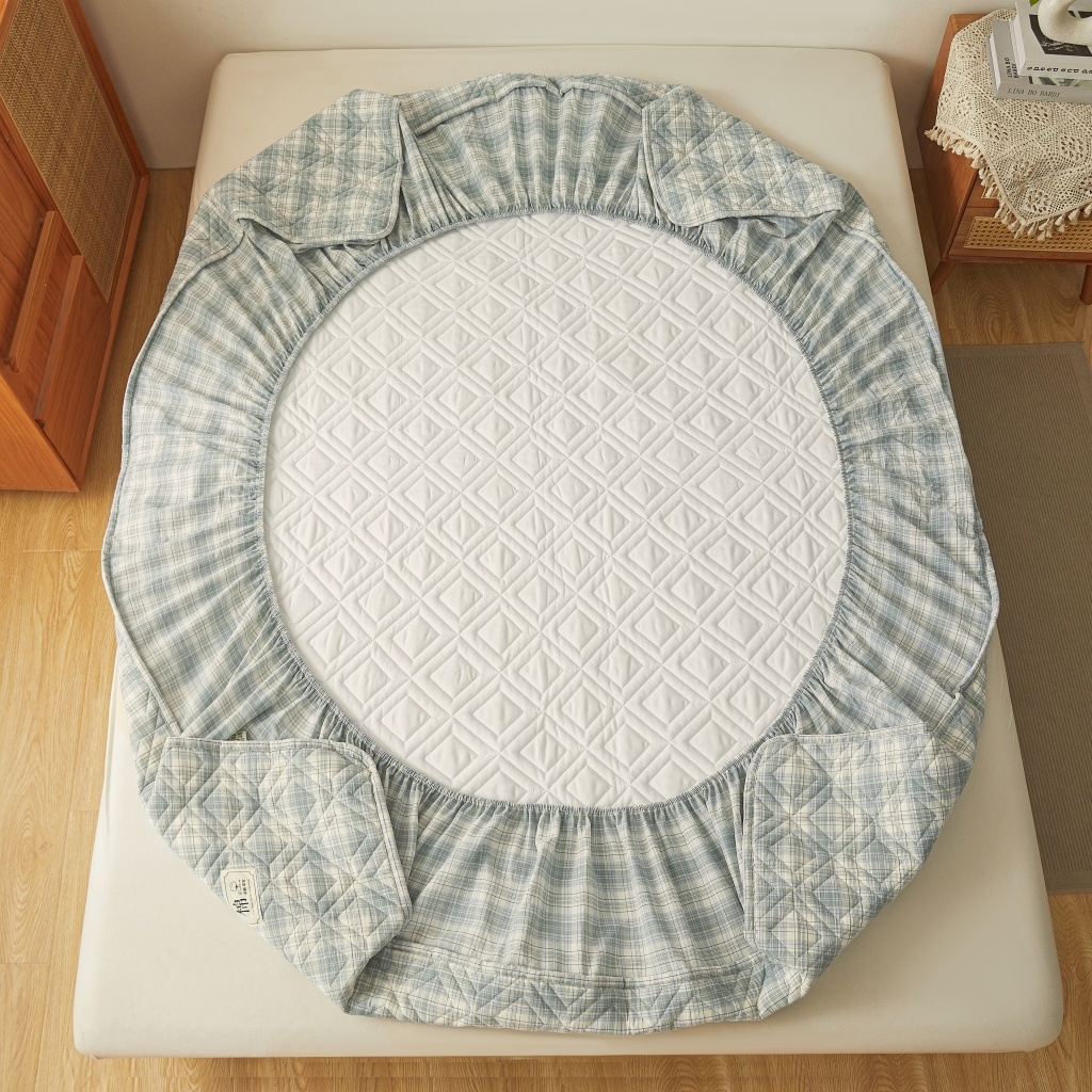 91家纺网 家纺一手货源 找家纺 缦彩 2026新款全棉纯棉水洗棉新疆棉花夹棉格子床笠单品床笠单件 舒然-兰