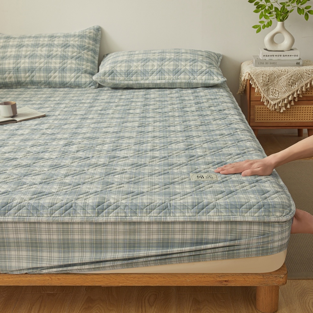 91家纺网 家纺一手货源 找家纺 缦彩 2026新款全棉纯棉水洗棉新疆棉花夹棉格子床笠单品床笠单件 舒然-兰