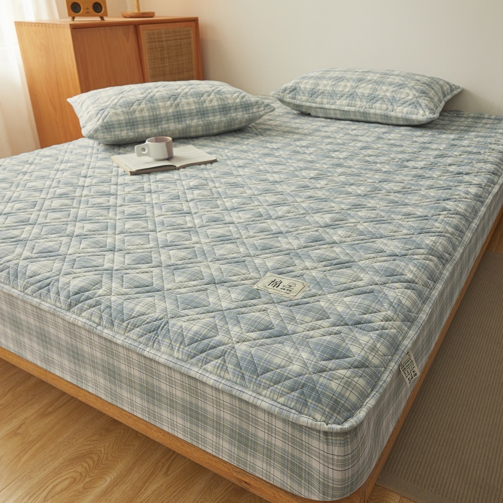 91家纺网 家纺一手货源 找家纺 缦彩 2026新款全棉纯棉水洗棉新疆棉花夹棉格子床笠单品床笠单件 舒然-兰