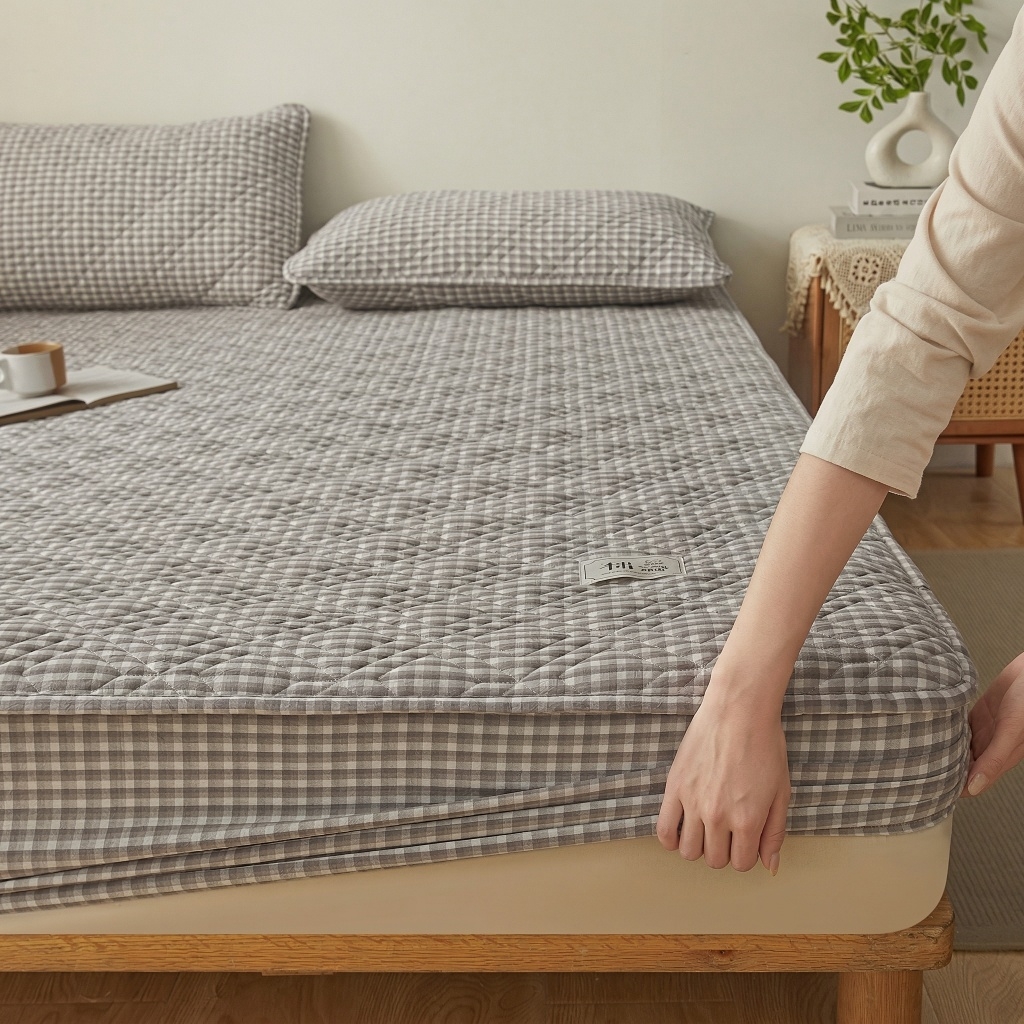 91家纺网 家纺一手货源 找家纺 缦彩 2026新款全棉纯棉水洗棉新疆棉花夹棉格子床笠单品床笠单件 织里-灰