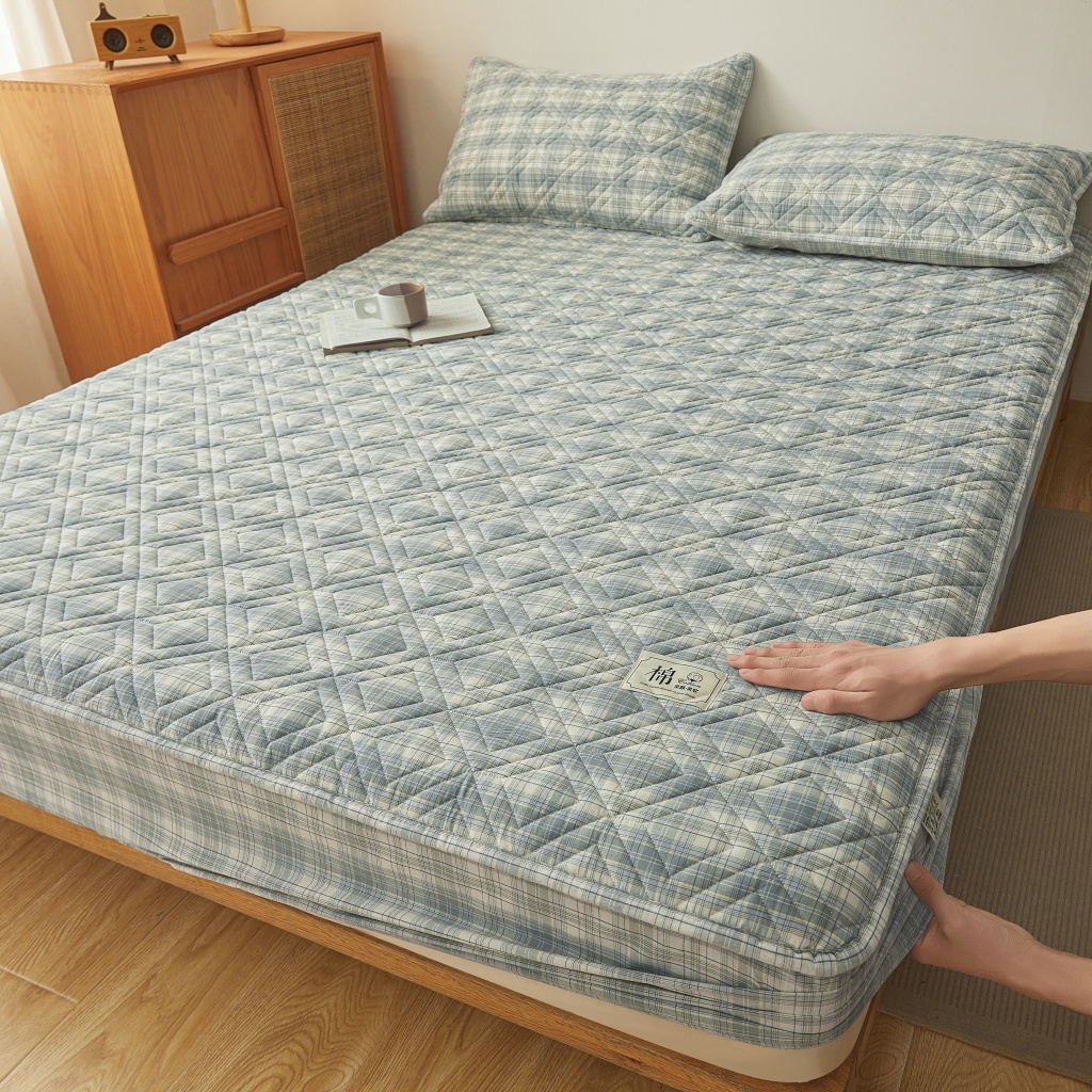 91家纺网 家纺一手货源 找家纺 缦彩 2026新款全棉纯棉水洗棉新疆棉花夹棉格子床笠单品床笠单件 舒然-兰