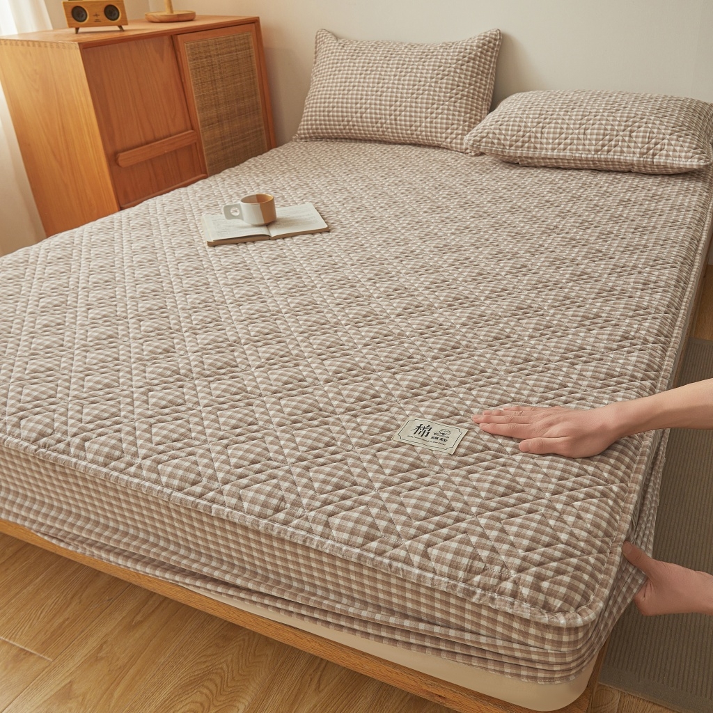缦彩 2026新款全棉纯棉水洗棉新疆棉花夹棉格子床笠单品床笠单件 织里-咖
