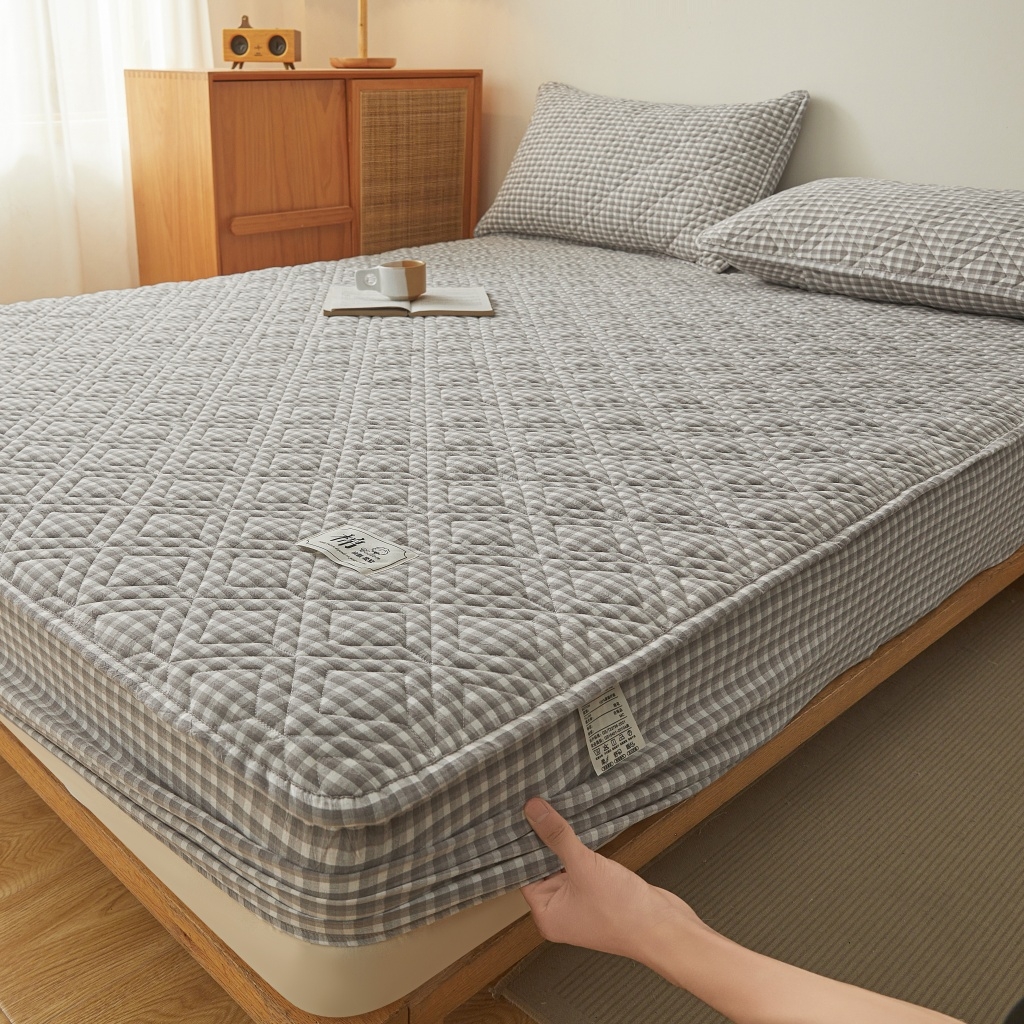 91家纺网 家纺一手货源 找家纺 缦彩 2026新款全棉纯棉水洗棉新疆棉花夹棉格子床笠单品床笠单件 织里-灰